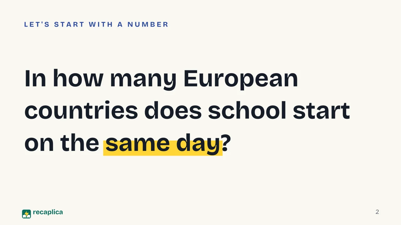 Slide 2 of the presentation on School Start Dates in Europe 2026/2027: In how many European countries does school start on the same day?