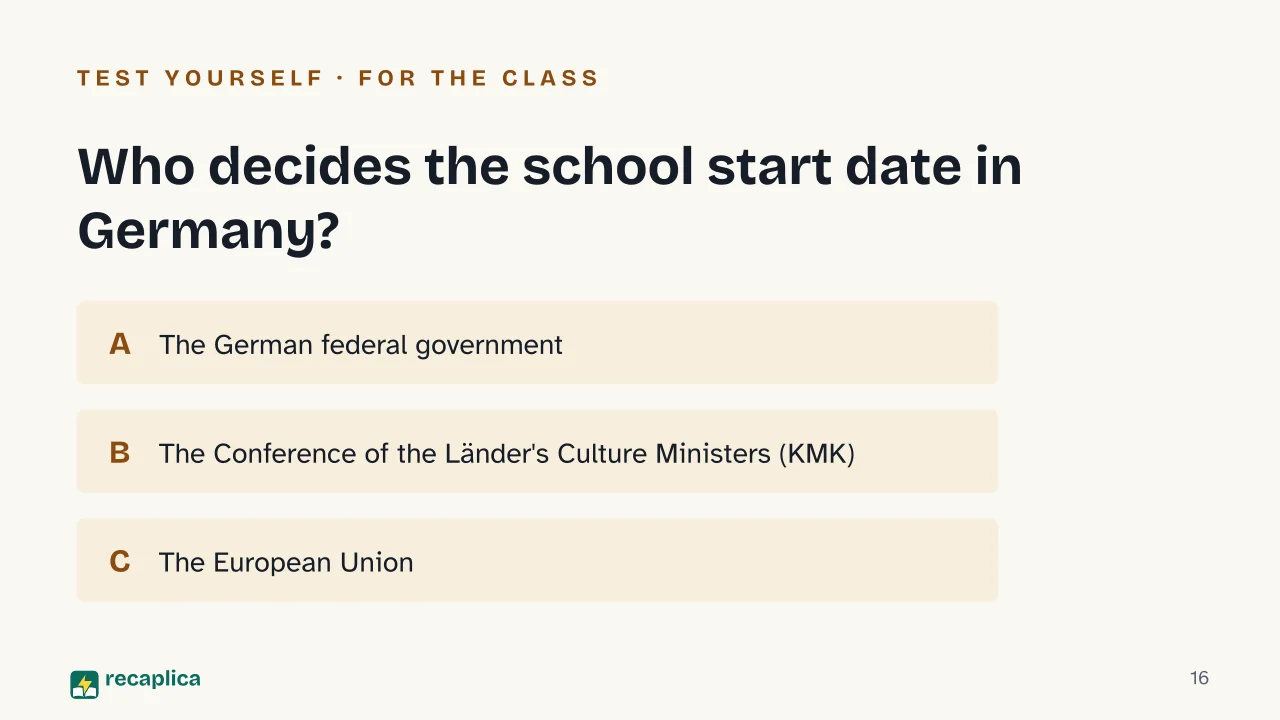 Slide 16 of the presentation on School Start Dates in Europe 2026/2027: Who decides the school start date in Germany?