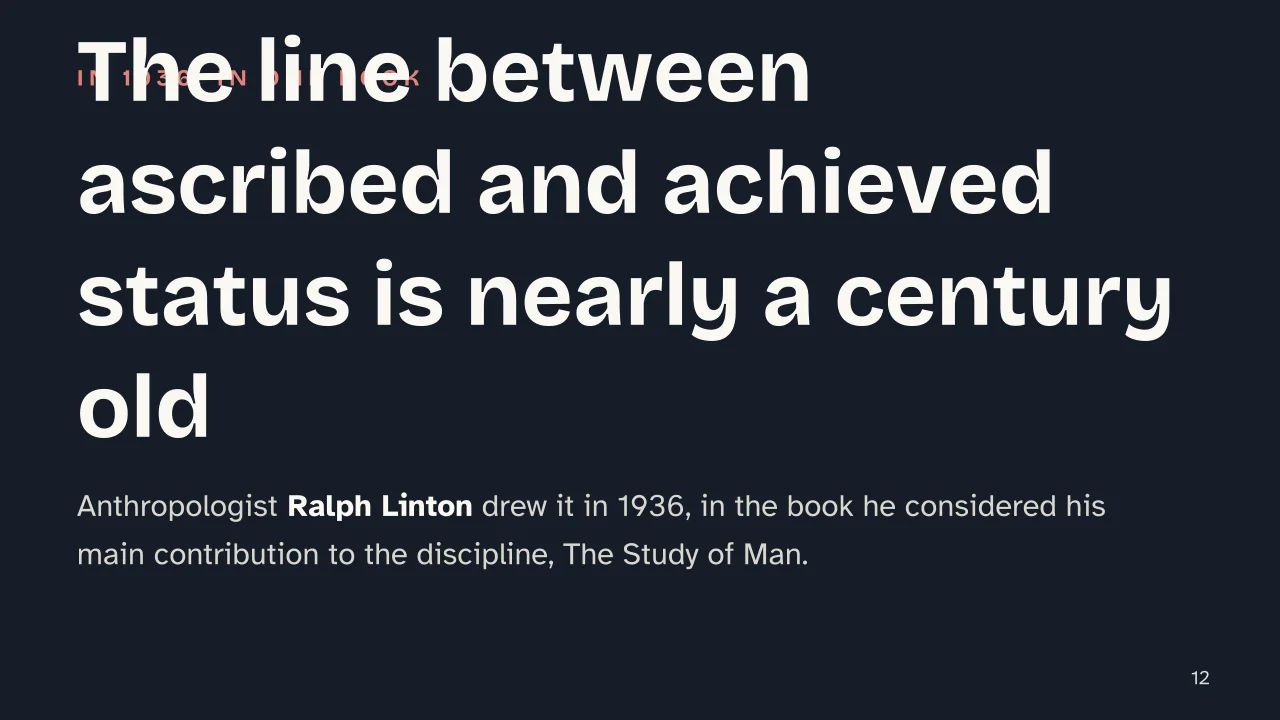 Slide 12 of the presentation on Social Status: The line between ascribed and achieved status is nearly a century old