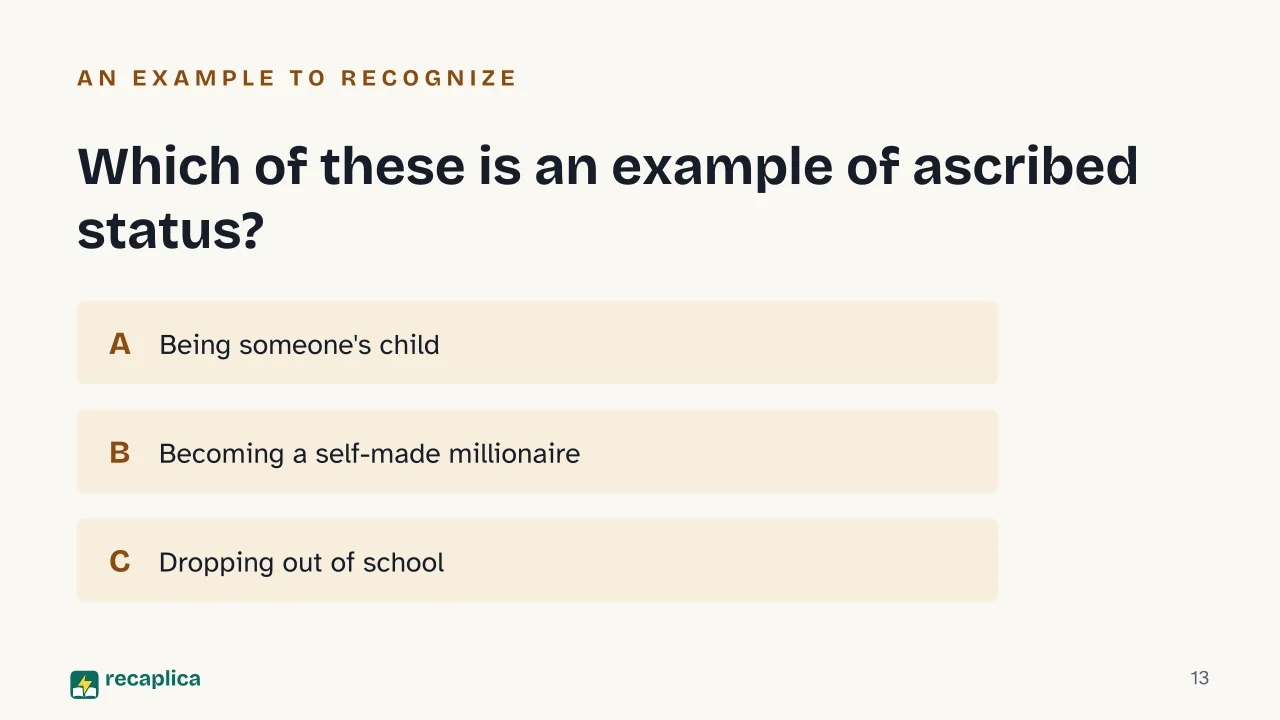 Slide 13 of the presentation on Social Status: Which of these is an example of ascribed status?