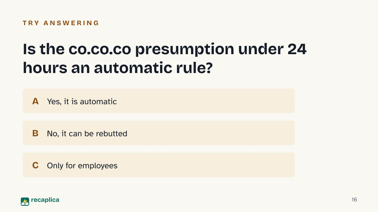 Slide 16 of the presentation on Sports Collaboration Contract in Italy: Is the co.co.co presumption under 24 hours an automatic rule?