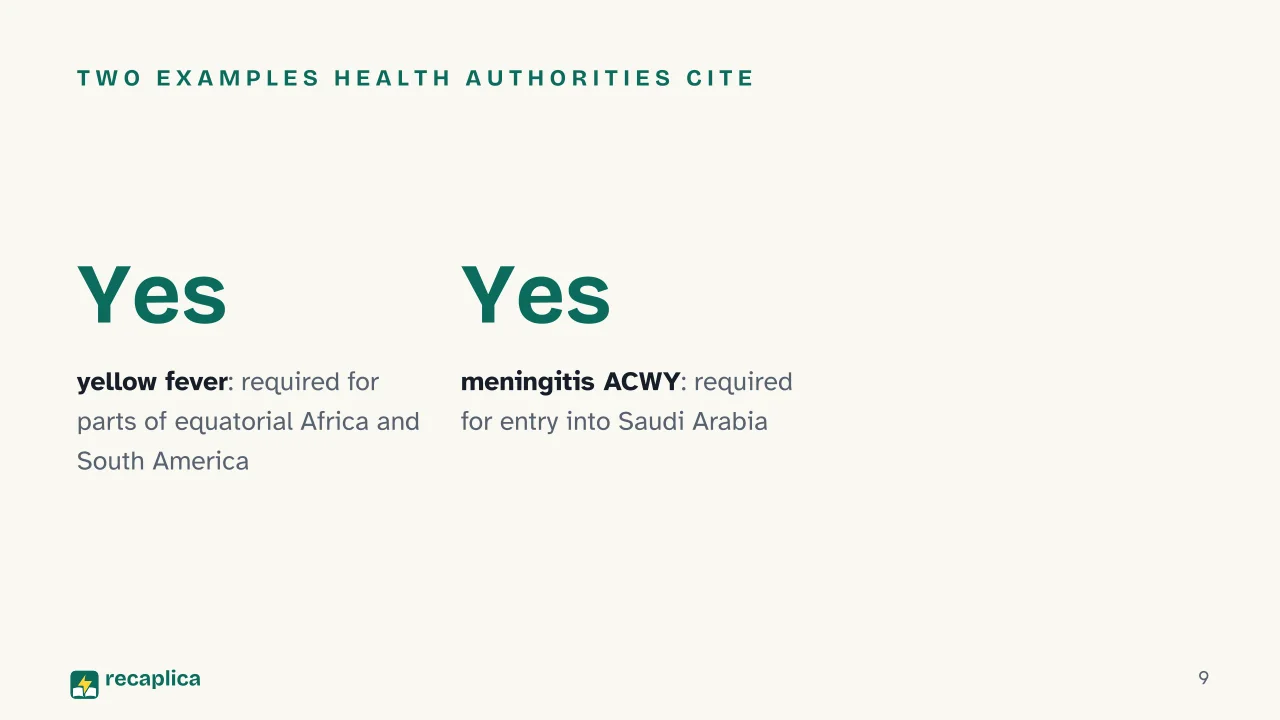 Slide 9 of the presentation on Travel Vaccinations: Two examples health authorities cite