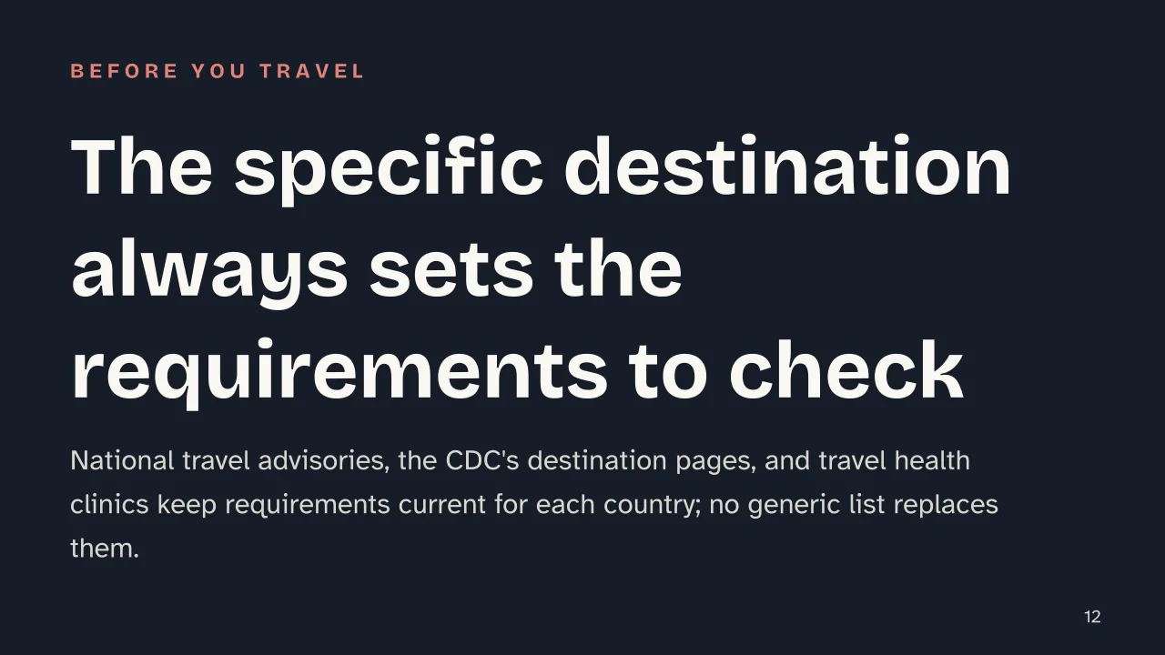 Slide 12 of the presentation on Travel Vaccinations: The specific destination always sets the requirements to check