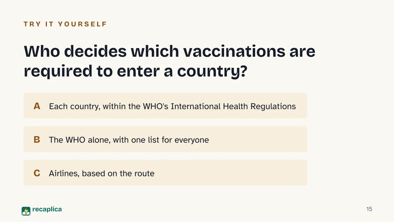 Slide 15 of the presentation on Travel Vaccinations: Who decides which vaccinations are required to enter a country?
