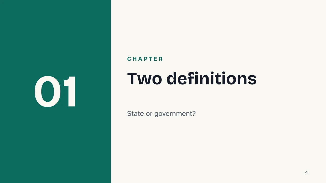 Slide 4 of the presentation on Types of Government: Chapter 01: Two definitions