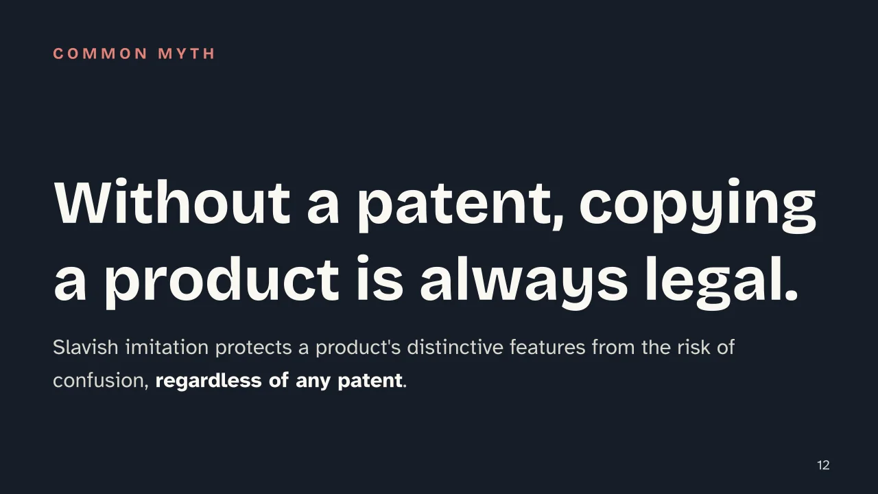 Slide 12 of the presentation on Unfair Competition: Without a patent, copying a product is always legal.
