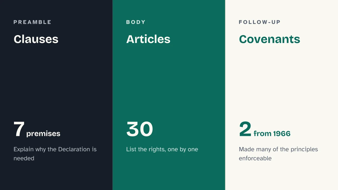 Slide 9 of the presentation on Universal Declaration of Human Rights: Clauses · Articles · Covenants