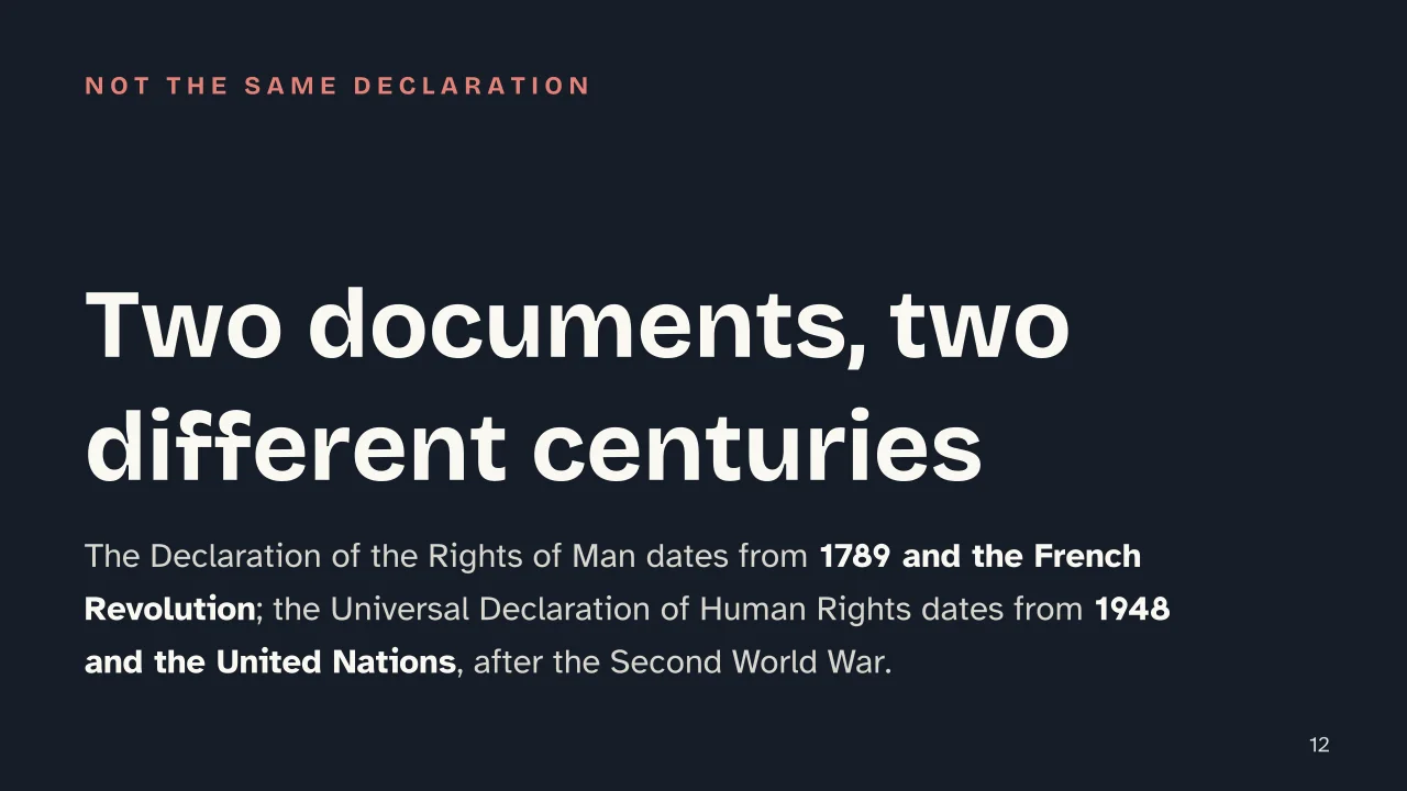 Slide 12 of the presentation on Universal Declaration of Human Rights: Two documents, two different centuries