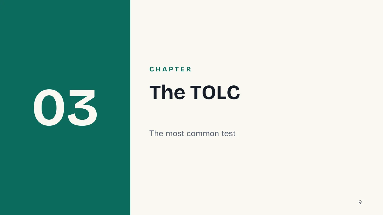 Slide 9 of the presentation on University Entrance Exams in Italy: Chapter 03: The TOLC