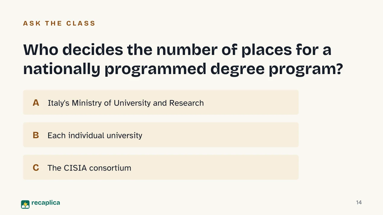 Slide 14 of the presentation on University Entrance Exams in Italy: Who decides the number of places for a nationally programmed degree program?