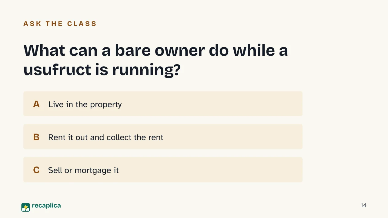 Slide 14 of the presentation on Usufruct: What can a bare owner do while a usufruct is running?