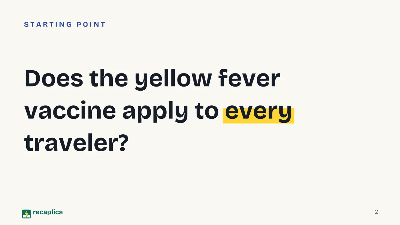 Slide 2 of the presentation on Yellow Fever Vaccine: Does the yellow fever vaccine apply to every traveler?