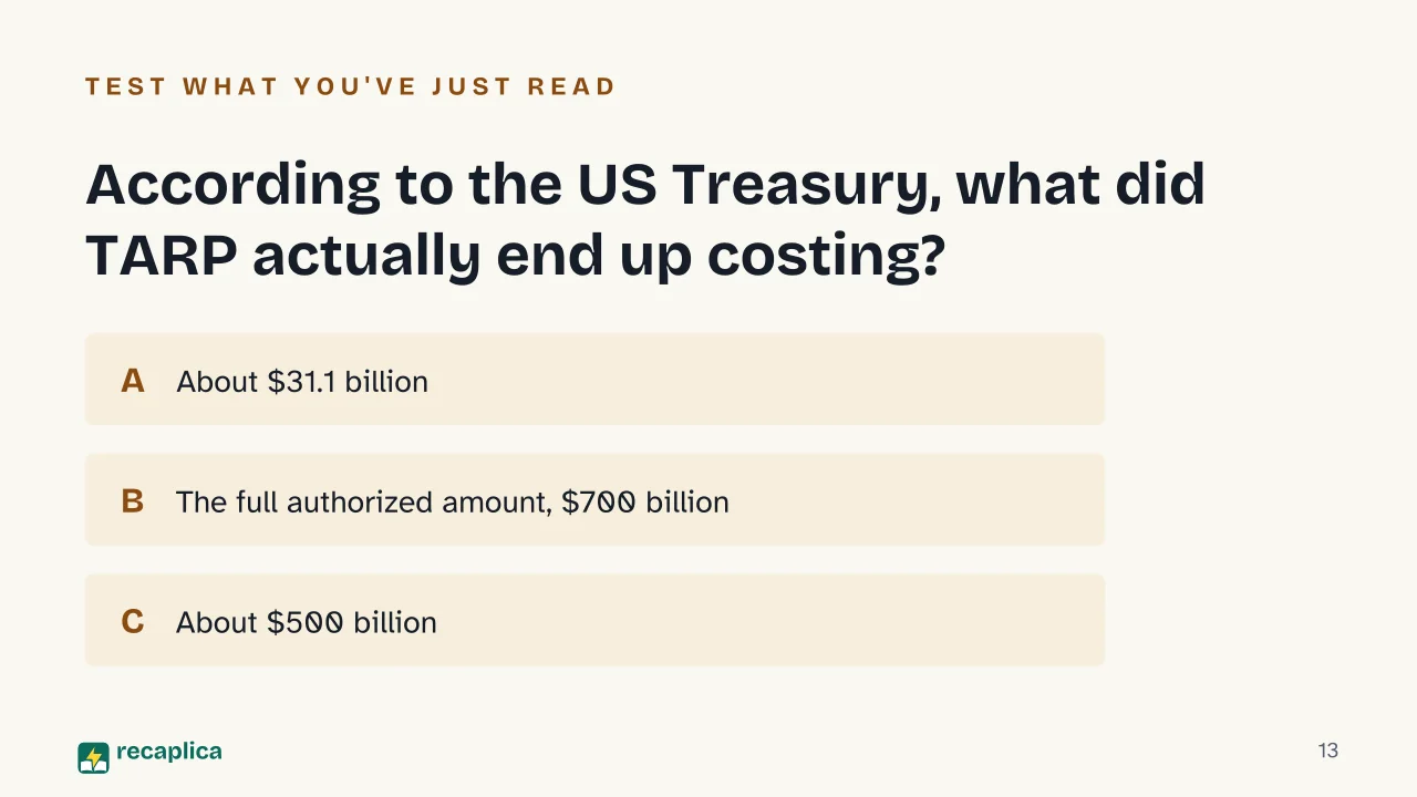 Slide 13 of the presentation on 2008 Financial Crisis: According to the US Treasury, what did TARP actually end up costing?