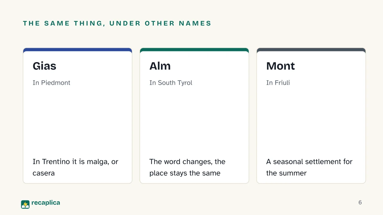 Slide 6 of the presentation on Alpine Pastures: The same thing, under other names: Gias, Alm, Mont