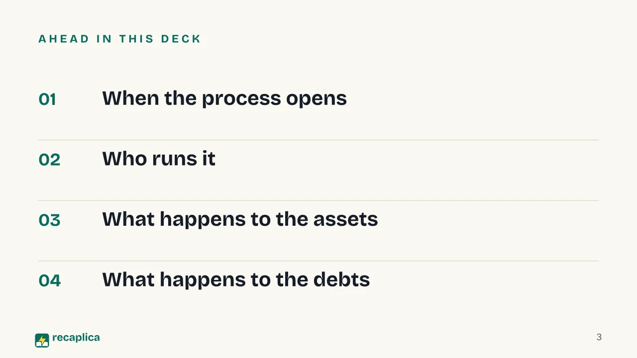 Slide 3 of the presentation on Company Liquidation: Ahead in this deck