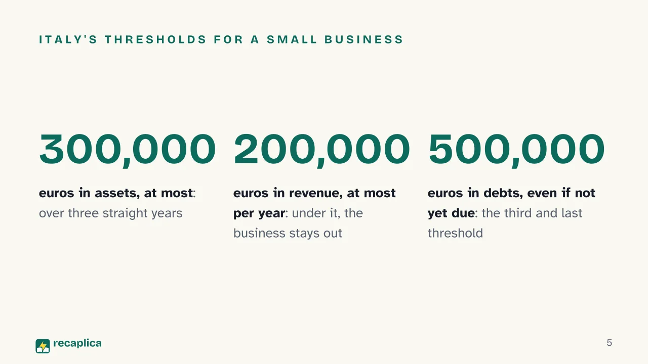 Slide 5 of the presentation on Company Liquidation: Italy's thresholds for a small business
