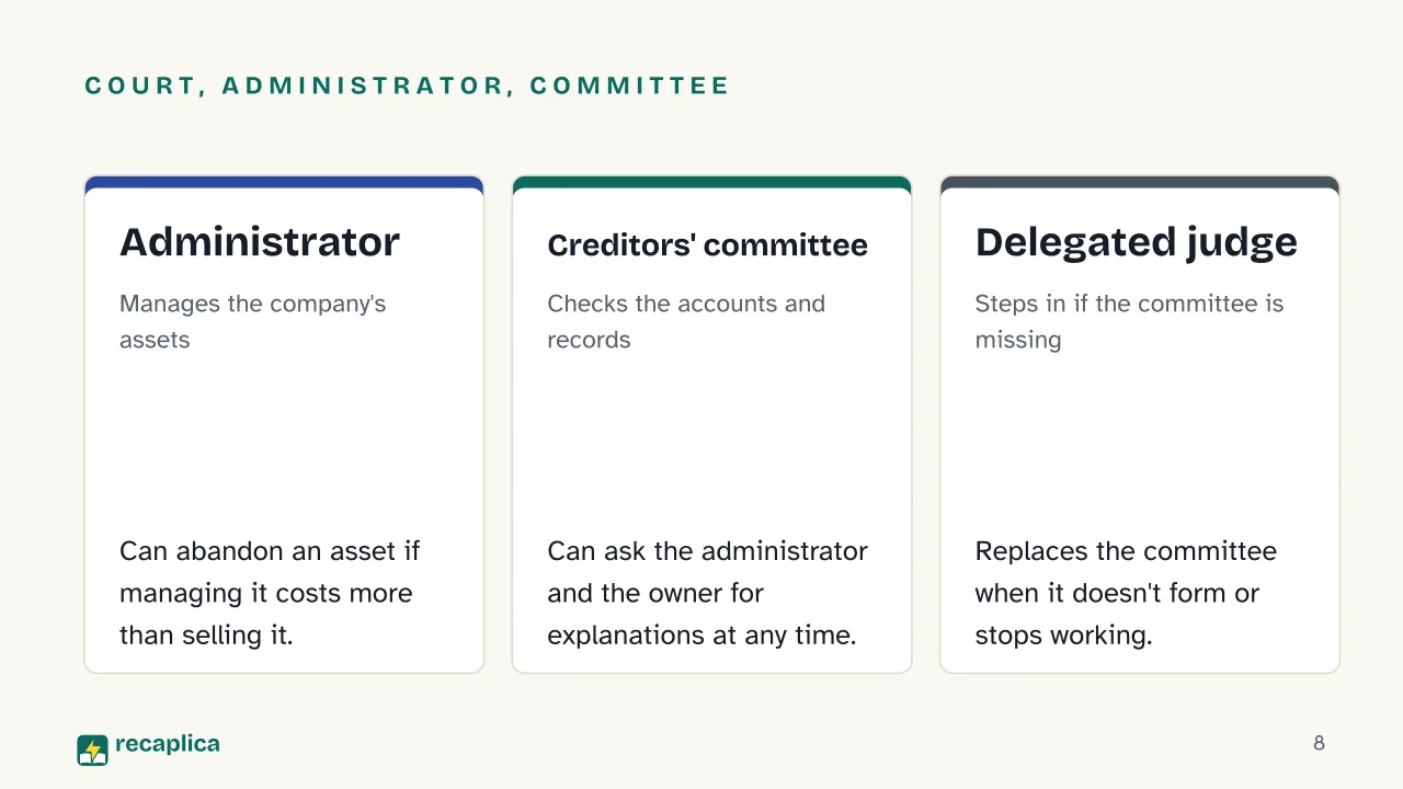 Slide 8 of the presentation on Company Liquidation: Court, administrator, committee: Administrator, Creditors' committee, Delegated judge
