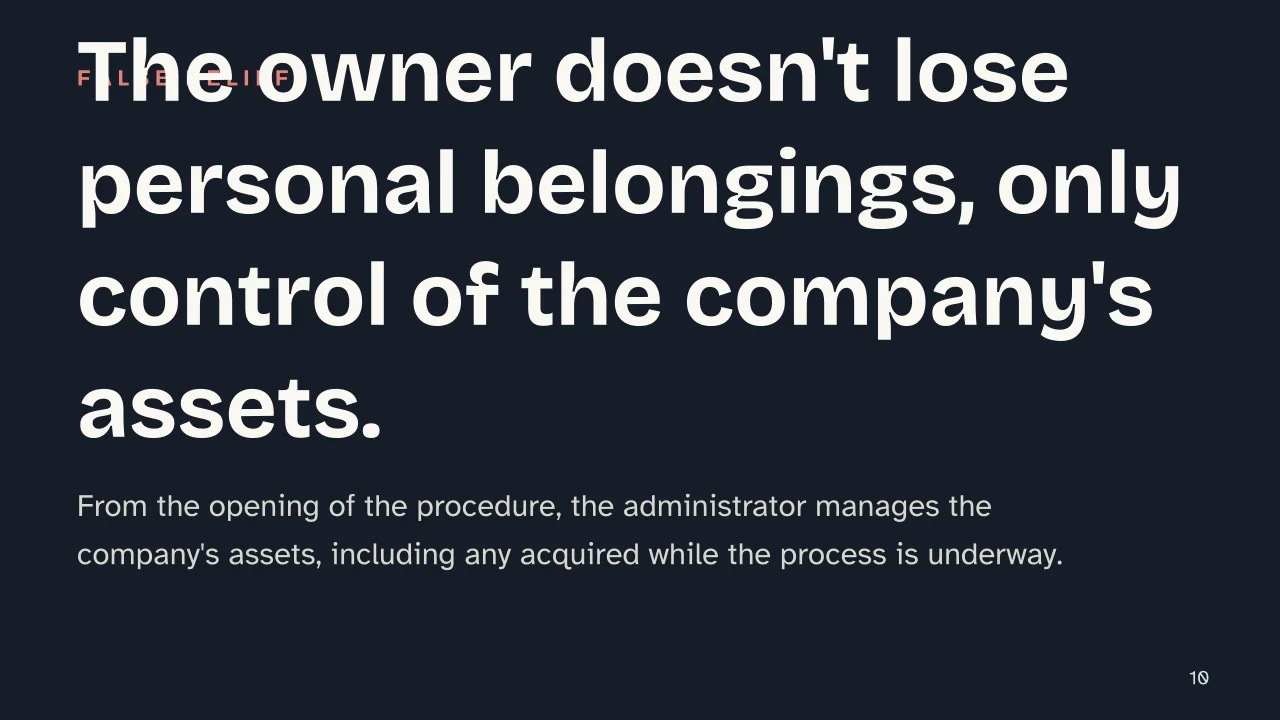 Slide 10 of the presentation on Company Liquidation: The owner doesn't lose personal belongings, only control of the company's assets.