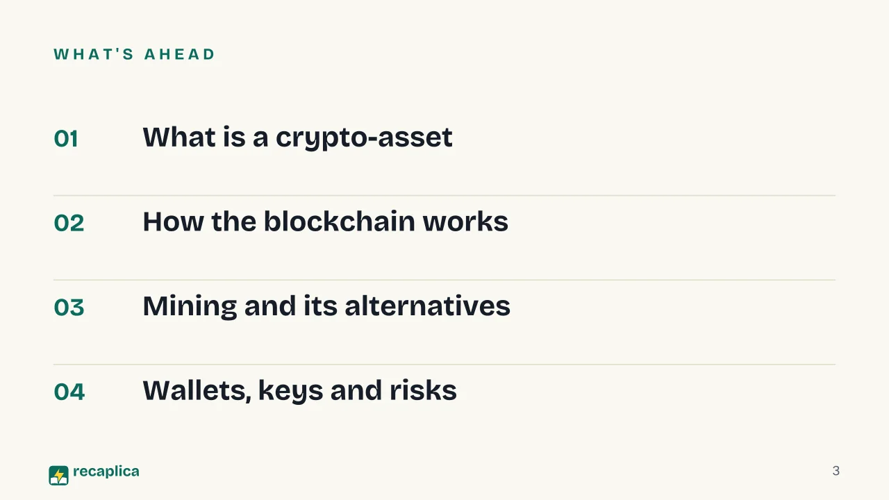 Slide 3 of the presentation on Cryptocurrency: What's ahead
