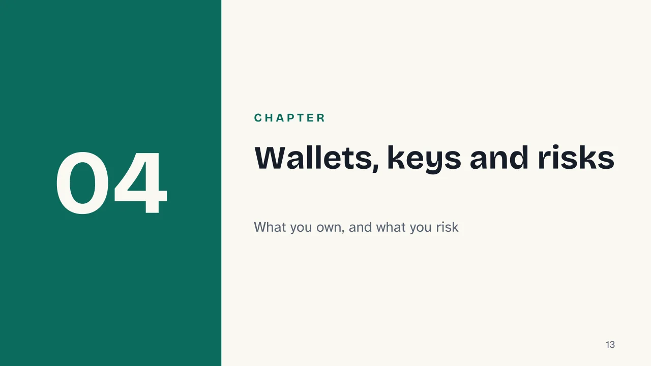 Slide 13 of the presentation on Cryptocurrency: Chapter 04: Wallets, keys and risks