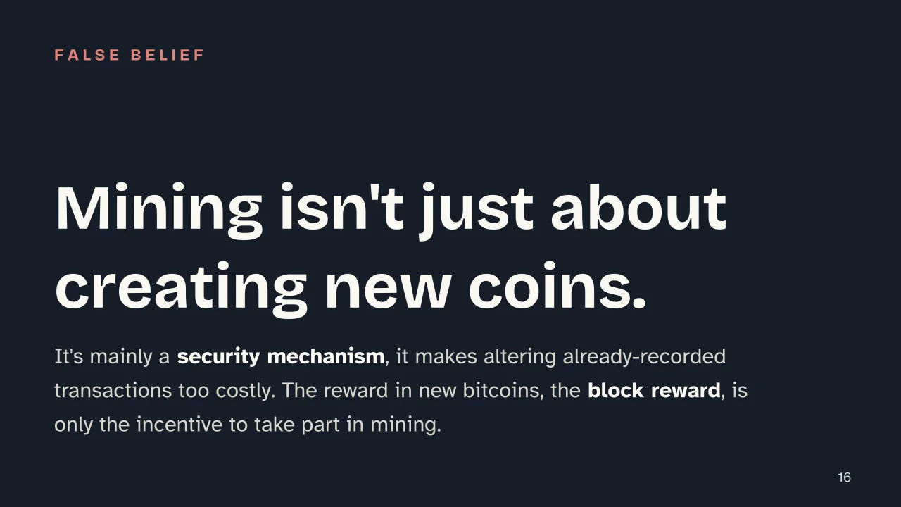 Slide 16 of the presentation on Cryptocurrency: Mining isn't just about creating new coins.