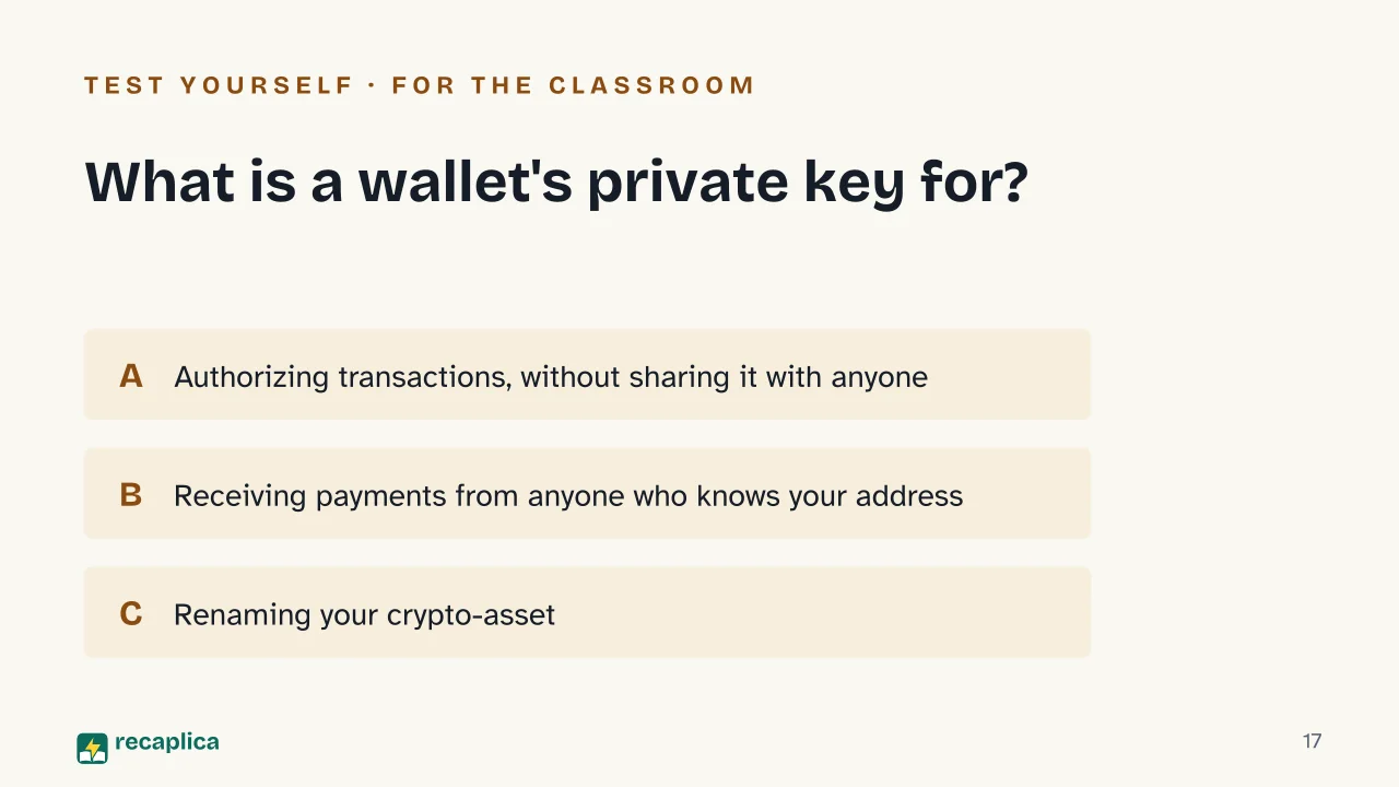 Slide 17 of the presentation on Cryptocurrency: What is a wallet's private key for?