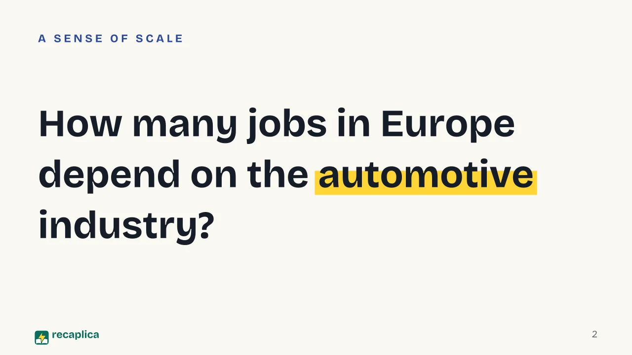 Slide 2 of the presentation on Europe's automotive industry crisis: How many jobs in Europe depend on the automotive industry?