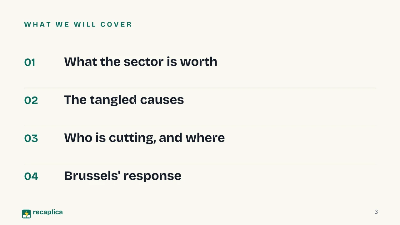 Slide 3 of the presentation on Europe's automotive industry crisis: What we will cover