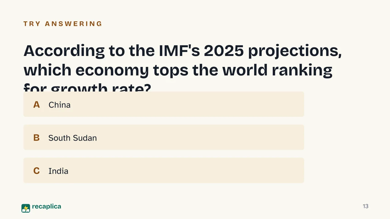 Slide 13 of the presentation on Fastest Growing Economies in the World: According to the IMF's 2025 projections, which economy tops the world ranking for growth rate?