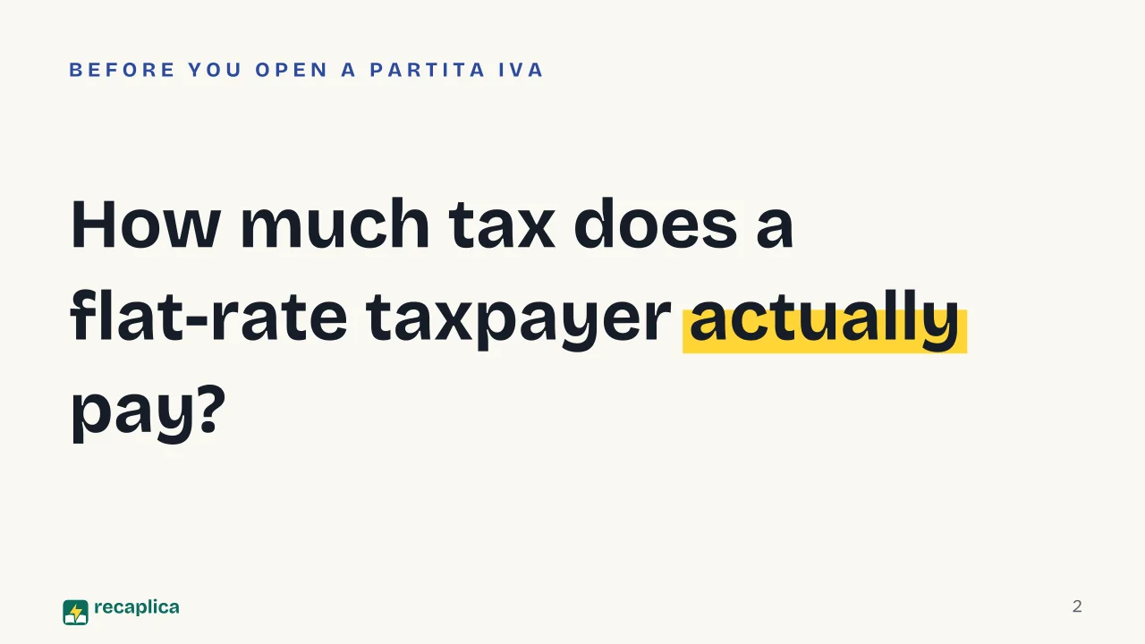 Slide 2 of the presentation on Regime Forfettario: How much tax does a flat-rate taxpayer actually pay?
