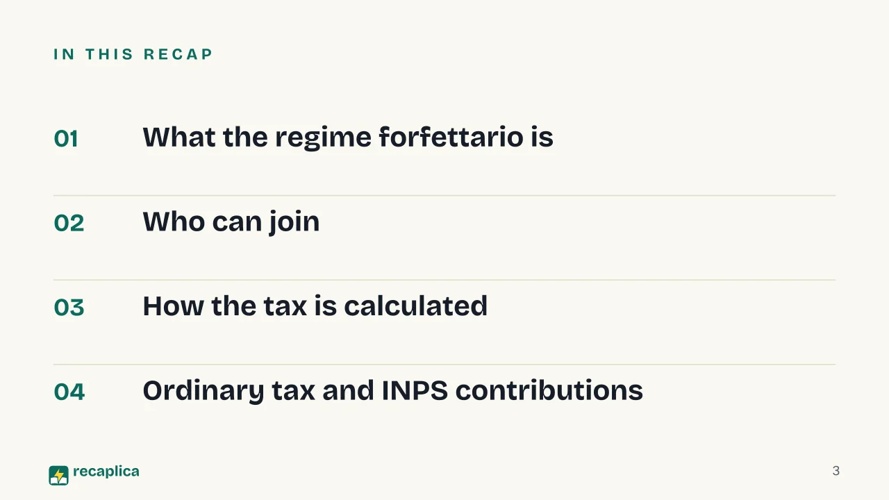 Slide 3 of the presentation on Regime Forfettario: In this Recap