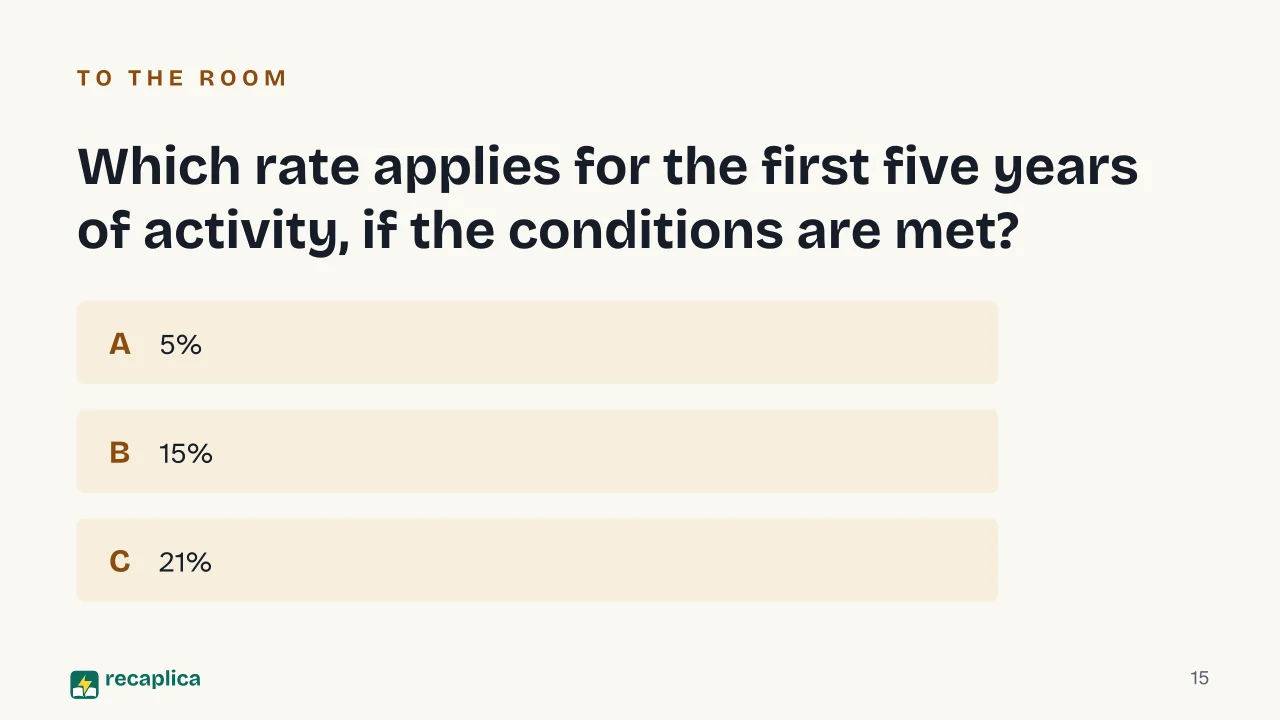 Slide 15 of the presentation on Regime Forfettario: Which rate applies for the first five years of activity, if the conditions are met?