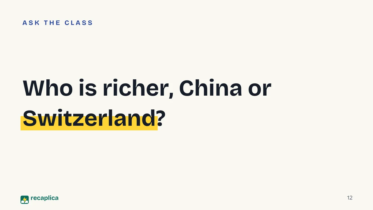 Slide 12 of the presentation on GDP: Who is richer, China or Switzerland?