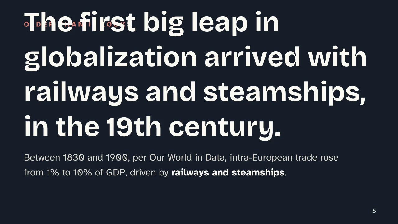 Slide 8 of the presentation on Globalization: The first big leap in globalization arrived with railways and steamships, in the 19th century.