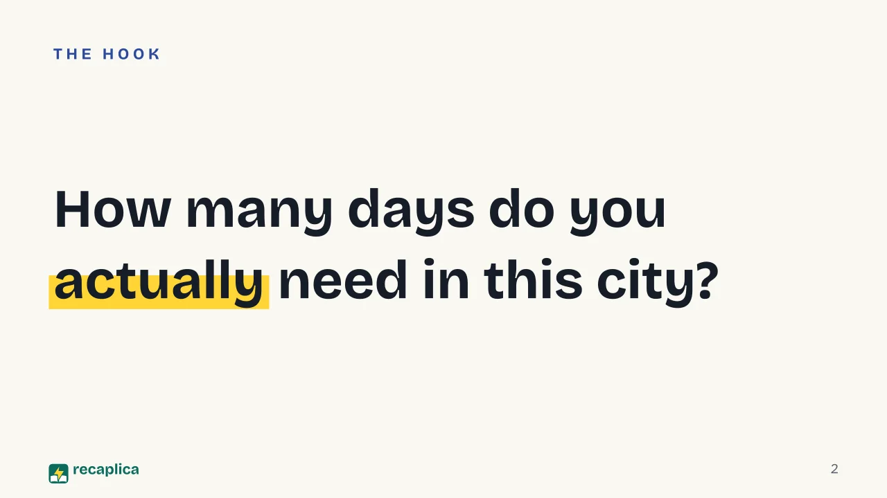 Slide 2 of the presentation on How Many Days Do You Need to Visit a City, a Method to Decide: How many days do you actually need in this city?