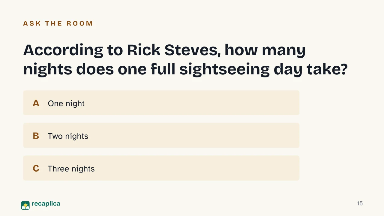 Slide 15 of the presentation on How Many Days Do You Need to Visit a City, a Method to Decide: According to Rick Steves, how many nights does one full sightseeing day take?