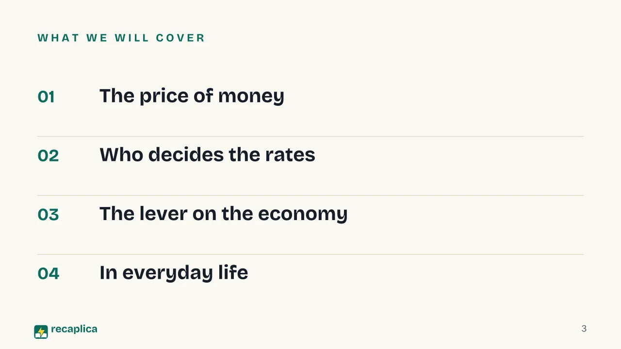 Slide 3 of the presentation on Interest rates: What we will cover