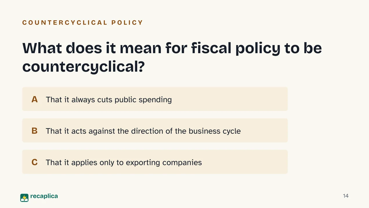Slide 14 of the presentation on Keynesianism explained: What does it mean for fiscal policy to be countercyclical?