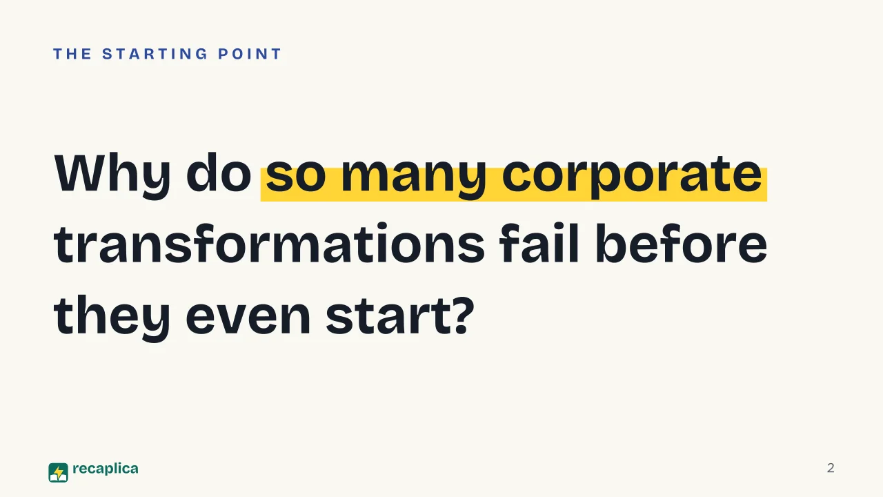 Slide 2 of the presentation on Lewin's Change Model: Why do so many corporate transformations fail before they even start?