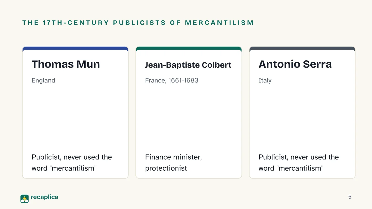 Slide 5 of the presentation on Mercantilism: The 17th-century publicists of mercantilism: Thomas Mun, Jean-Baptiste Colbert, Antonio Serra