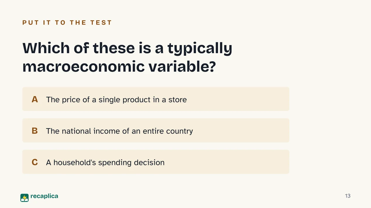 Slide 13 of the presentation on Microeconomics vs Macroeconomics: Which of these is a typically macroeconomic variable?