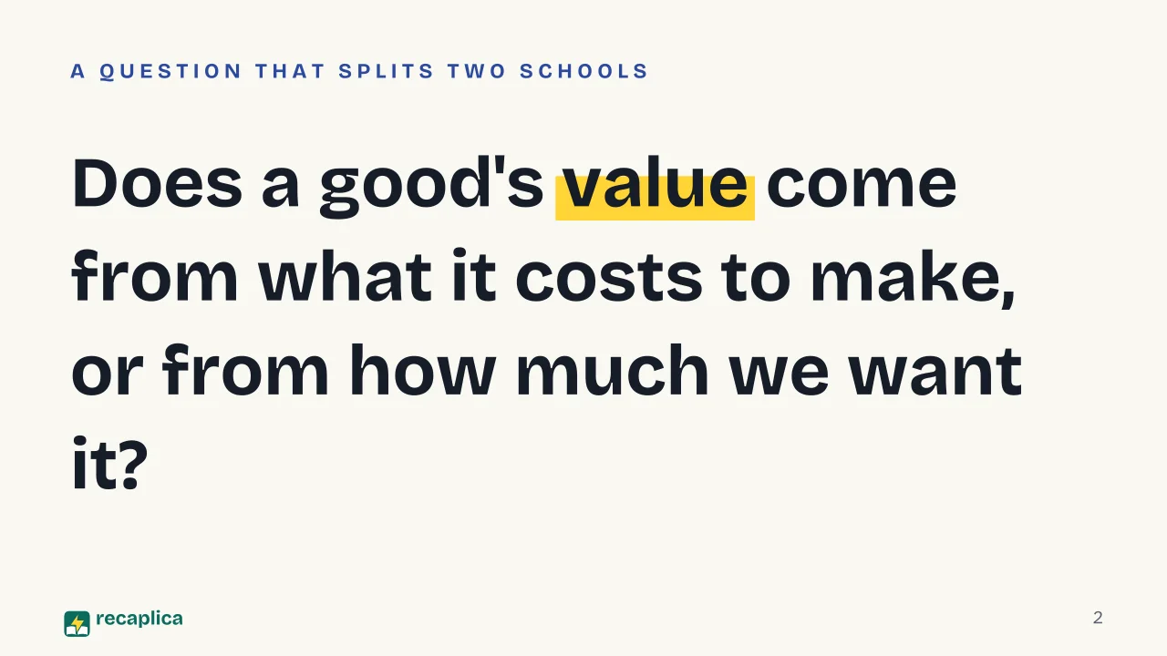 Slide 2 of the presentation on Neoclassical Economics: Does a good's value come from what it costs to make, or from how much we want it?