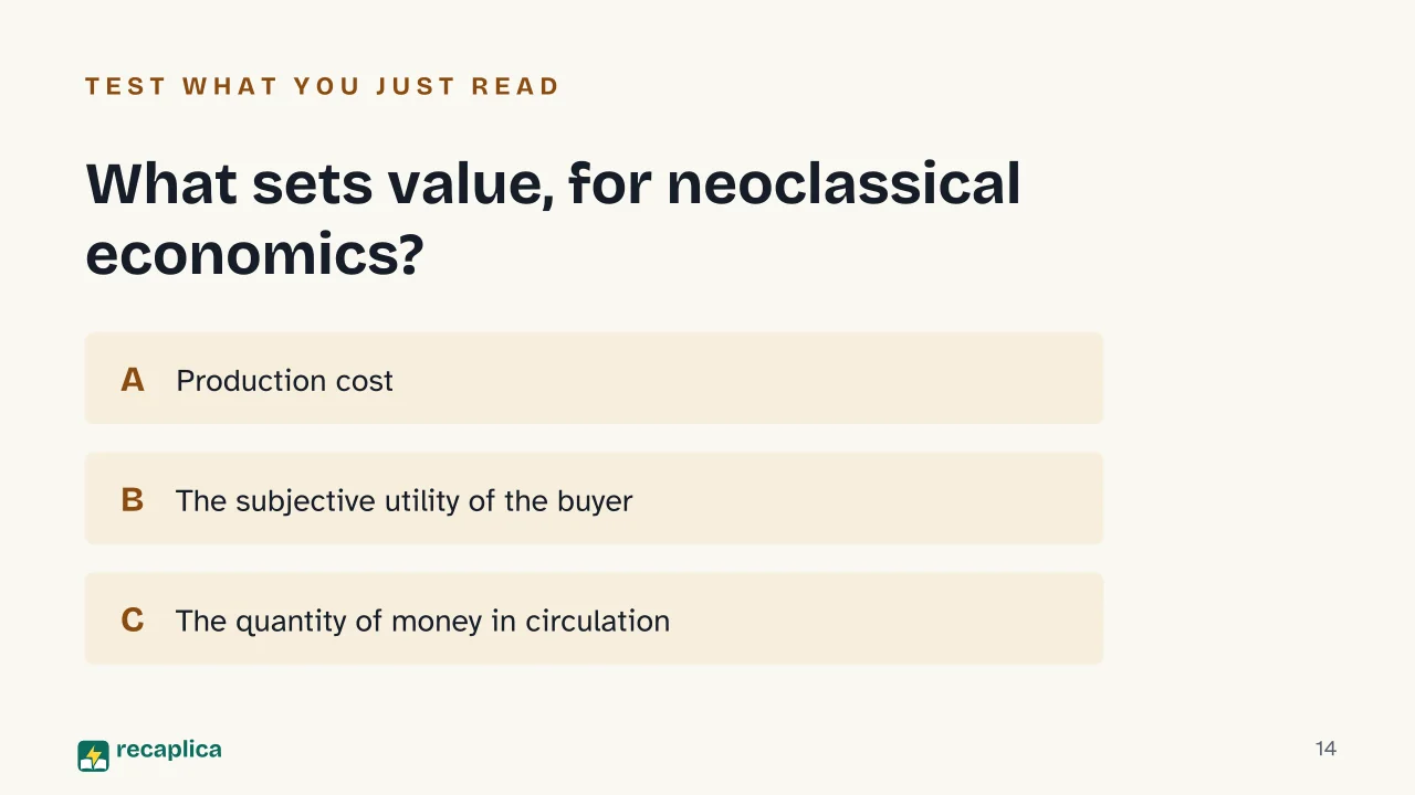 Slide 14 of the presentation on Neoclassical Economics: What sets value, for neoclassical economics?