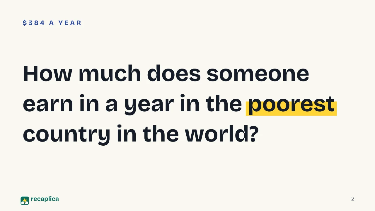 Slide 2 of the presentation on Poorest Countries in the World: How much does someone earn in a year in the poorest country in the world?