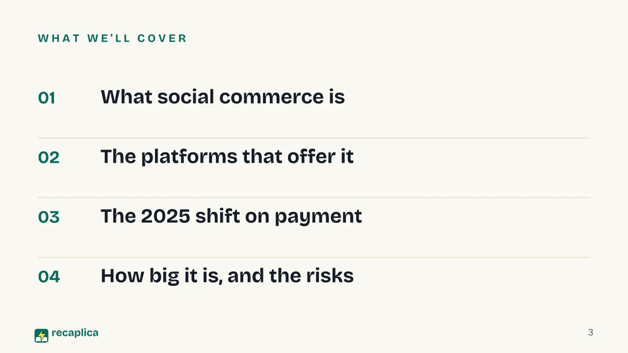Slide 3 of the presentation on What Is Social Commerce? How It Works and Examples: What we'll cover