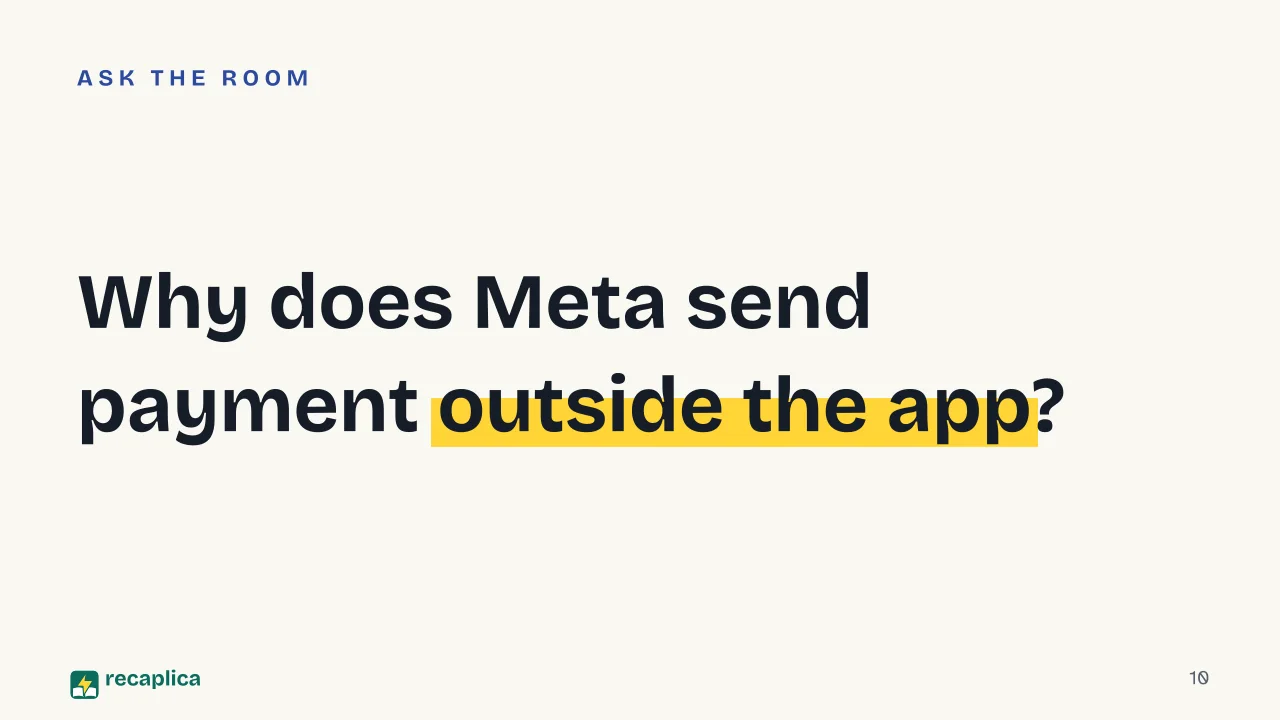 Slide 10 of the presentation on What Is Social Commerce? How It Works and Examples: Why does Meta send payment outside the app?