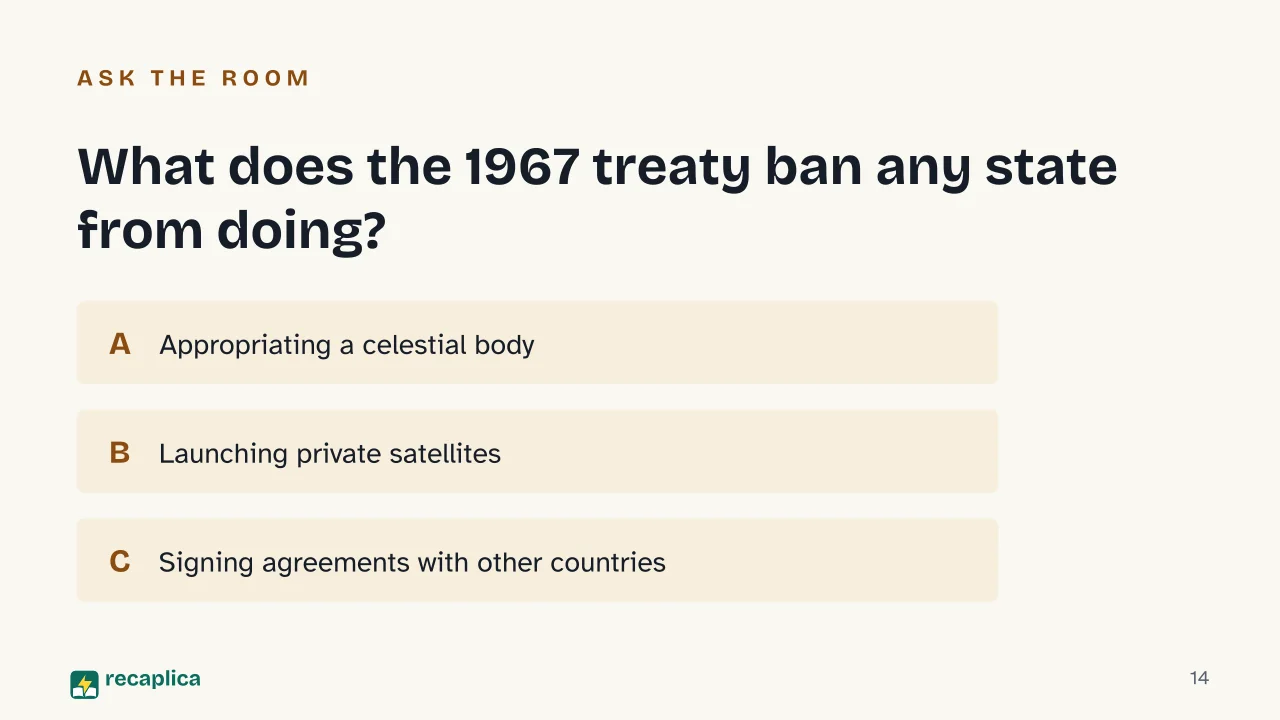 Slide 14 of the presentation on What Is the Space Economy? Value, Growth and Who Runs It: What does the 1967 treaty ban any state from doing?