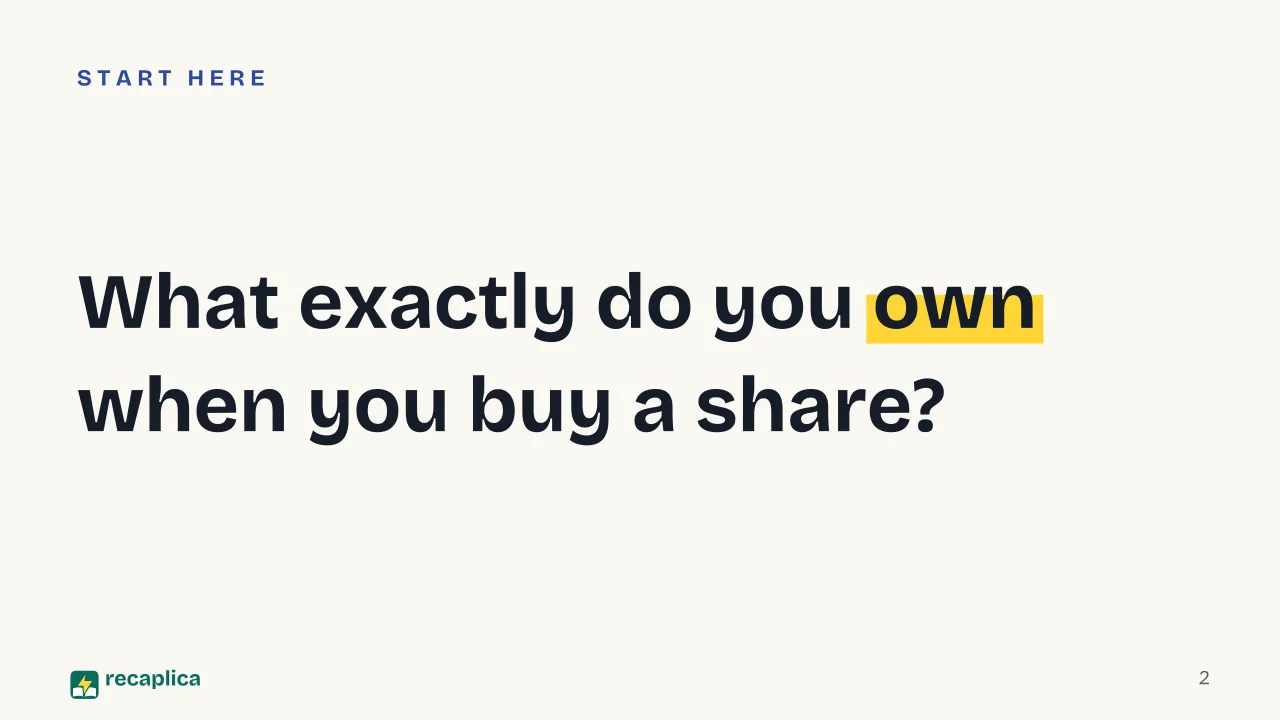 Slide 2 of the presentation on Stocks and the stock market: What exactly do you own when you buy a share?