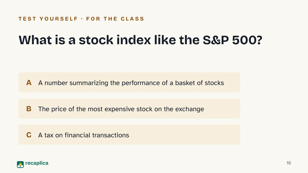 Slide 16 of the presentation on Stocks and the stock market: What is a stock index like the S&P 500?