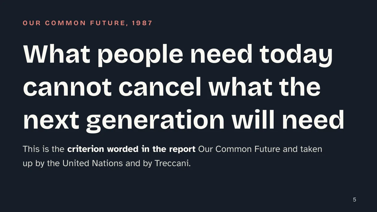 Slide 5 of the presentation on Sustainability: What people need today cannot cancel what the next generation will need